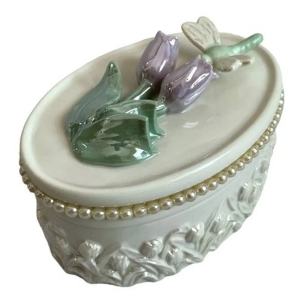 Vintage Lenox 3D Floral Jewelry Trinket Box Nacreous Porcelain Dragonfly 3.75